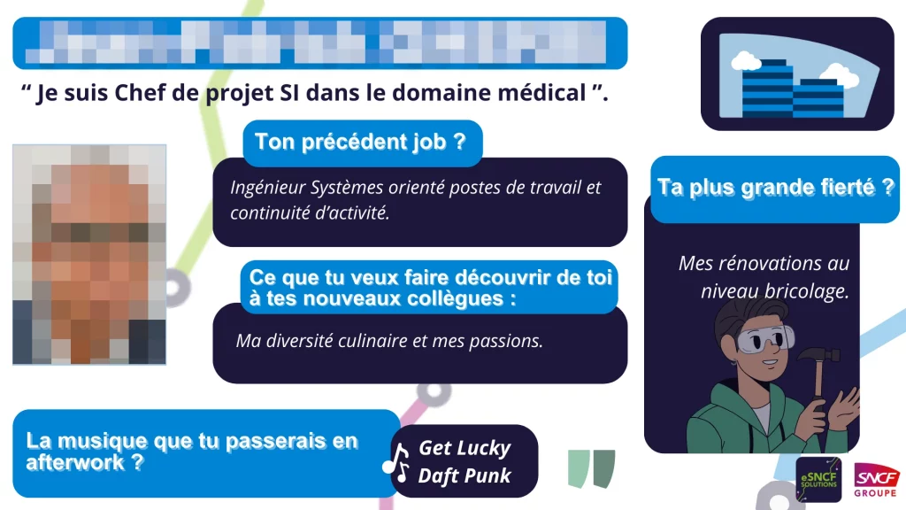 Présentation d'une personne qui est arrivé dans le service couleur bleu clair bleu foncé et blanc