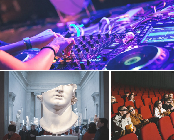 3 photos de culture différente en haut un set de DJ, en bas à gauche une scupture dans un musée, et à droite des personnes dans une salle de cinéma