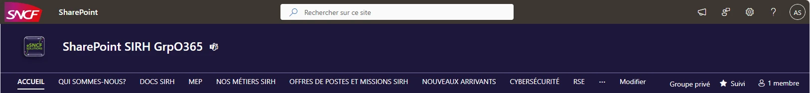 Menu du SharePoint SIRH avec les différents onglets