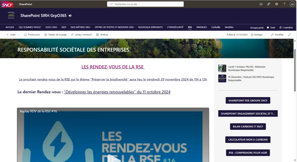 Page RSE du SharePoint avec le dernier rendez-vous sur ce sujet. En haut à droite les réunions et en dessous les liens de SharePoint ciblé sur ce sujet, d'astuces ou autres