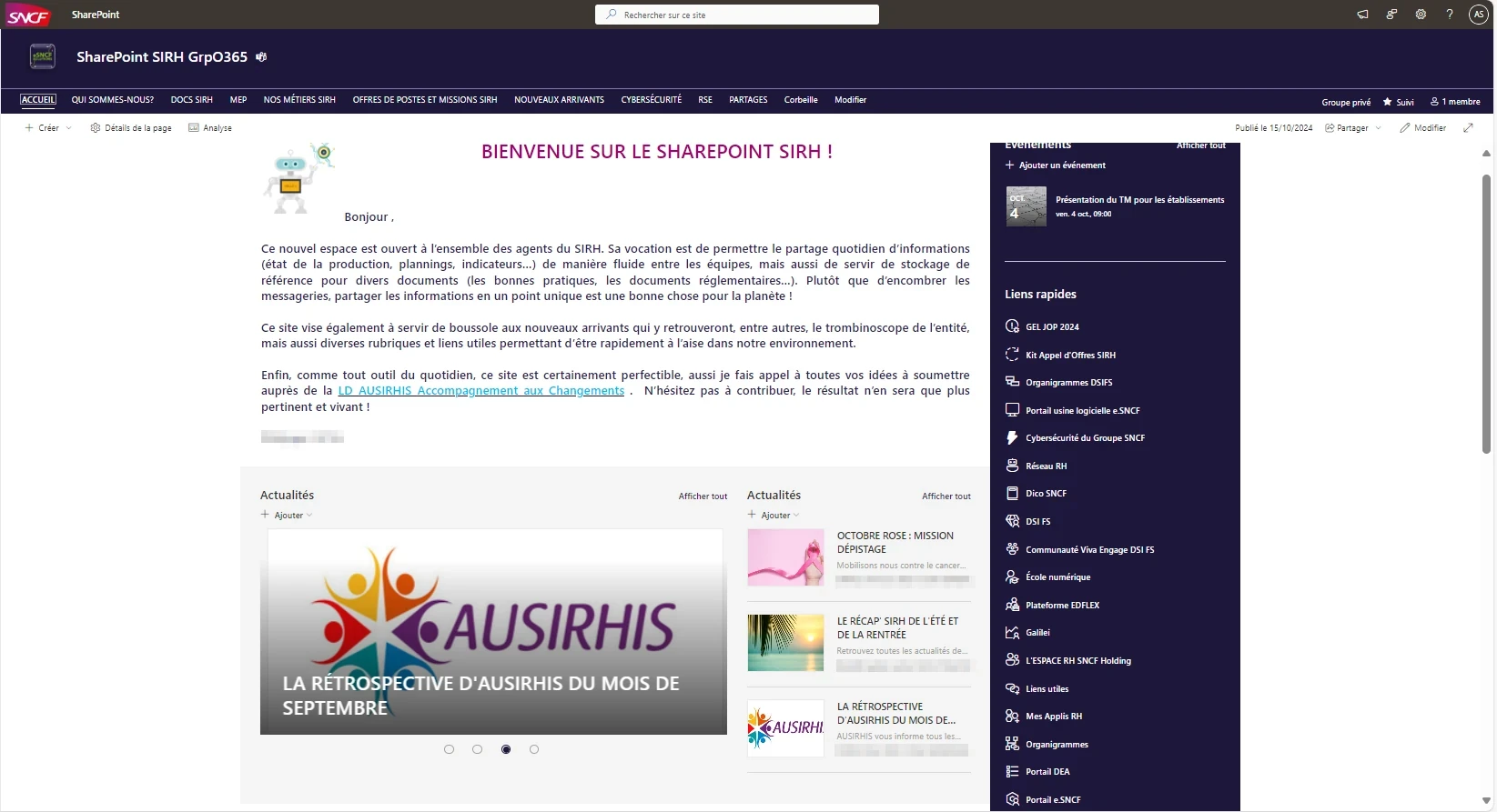 Page d'accueil ancienne avec le mot du directeur délégué les actualités récentes ainsi que les liens événements à ne pas louper et en dessous les liens utiles