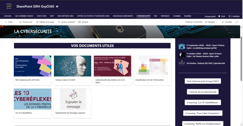 Page cybersécurité du trombinoscope avec les documents utiles, les personnes a contacté et les bonnes pratiques