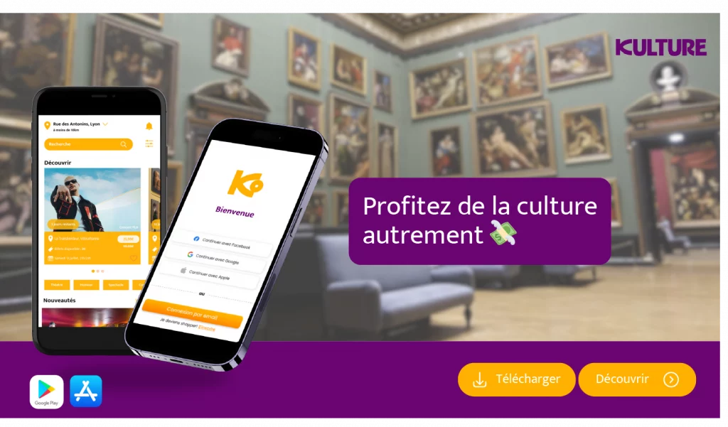 Page d'accueil de notre application avec marqué à droite "profitez de la culture autrement" avec une image de musée en arrière plan. En bas à gauche les applications où notre application est téléchargeable