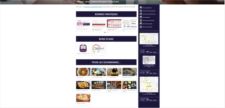 Page partage avec les documents utiles dans un premier encart, dans un deuxième encart les bons plans et dans un troisième encart les bonnes adresses à côté des gares de Chambéry, Paris et Lyon