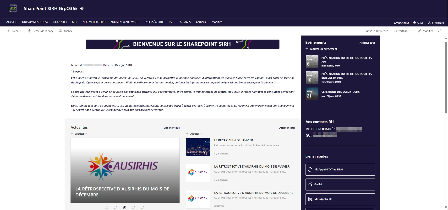Page d'accueil du SharePoint aujourd'hui avec le mot du directeur délégué, les évènements à venir en haut à droite en dessous les contacts importants et les liens rapides