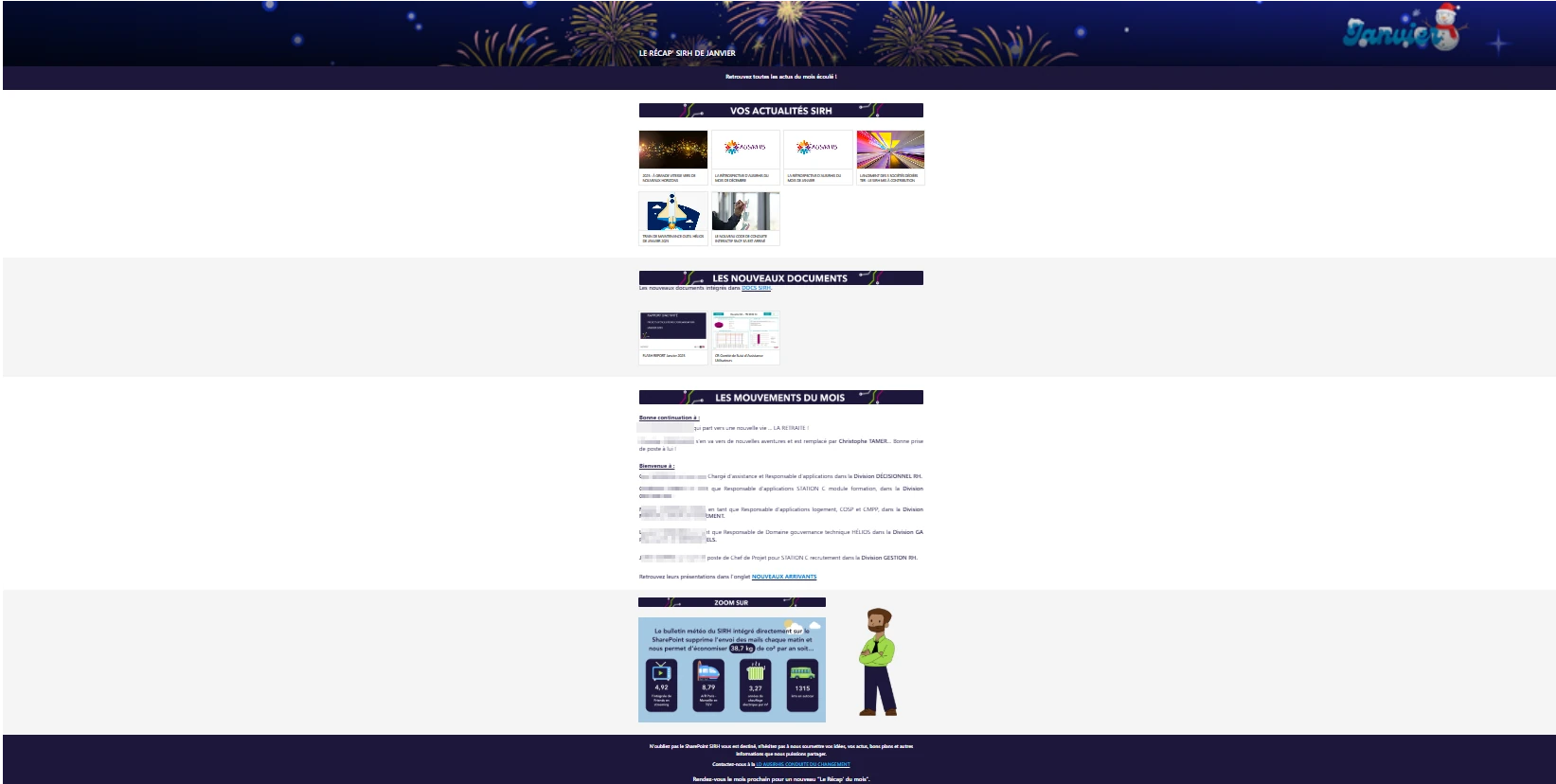 Exemple d'un récap de mois avant avec documents utiles, les nouveaux arrivants, les actus du mois et un zoom. Avec en plus des encadrés bleus pour les grands titres de partis