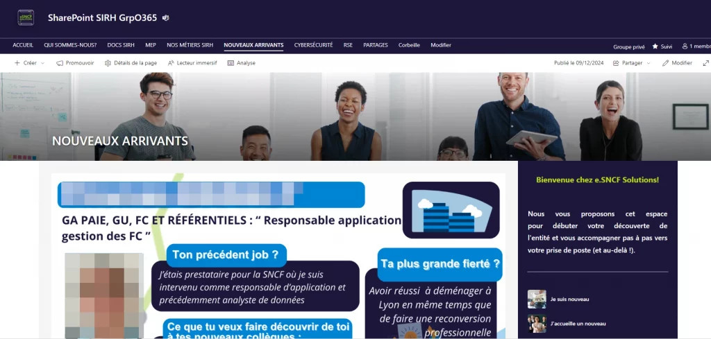 Page des nouveaux arrivants flouté avec le nouveau design bleu clair, bleu foncé et blanc