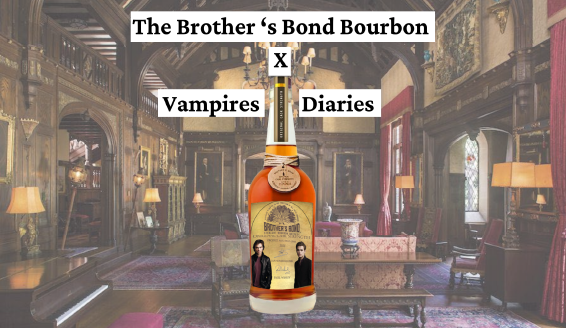 Page de présentation du projet The Brother's Bond Bourbon avec la bouteille de whisky au milieu en fond un manoir avec une transparence et avec marqué au centre The Brother's Bond Bourbon X The Vampires Diaries