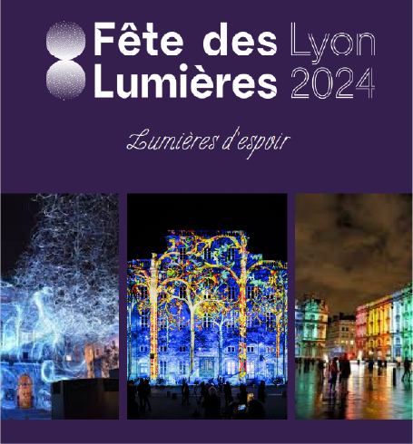 Page de présentation du projet sur la fête des lumières. Il y a un fond violet et quelques photos de lieu de Lyon