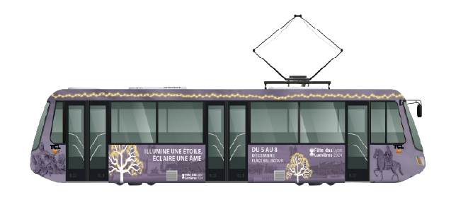 Tramway TCL décoré pour la Fête des Lumières avec notre visuel. On retrouve l'arbre ainsi que le logo de le Fête des Lumières et les dates