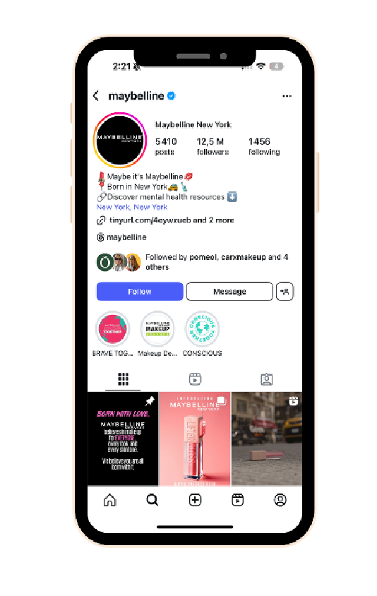 Compte instagram de la marque Maybelline. Mockup sur un iphone