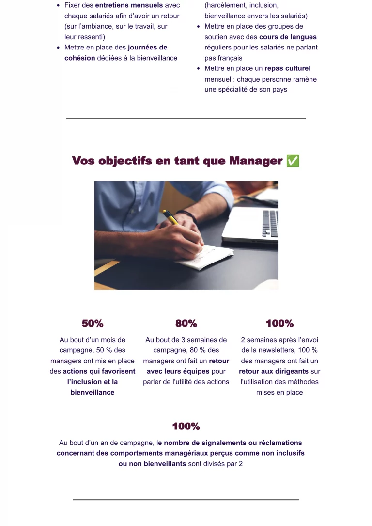 Newsletter que nous avons créé à destination des managers reprenant les notions de bienveillance et d'inclusion