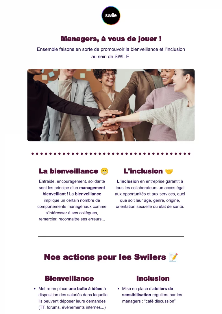 Newsletter que nous avons créé à destination des managers reprenant les notions de bienveillance et d'inclusion