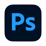 Logo de Photoshop. Couleur noir et écriture bleue
