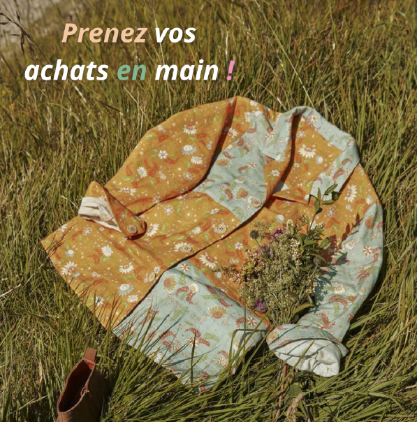 1ere slide du carrousel écologique avec 1 chemise dans l'herbe et un texte en haut à gauche "prenez vos achats en main"