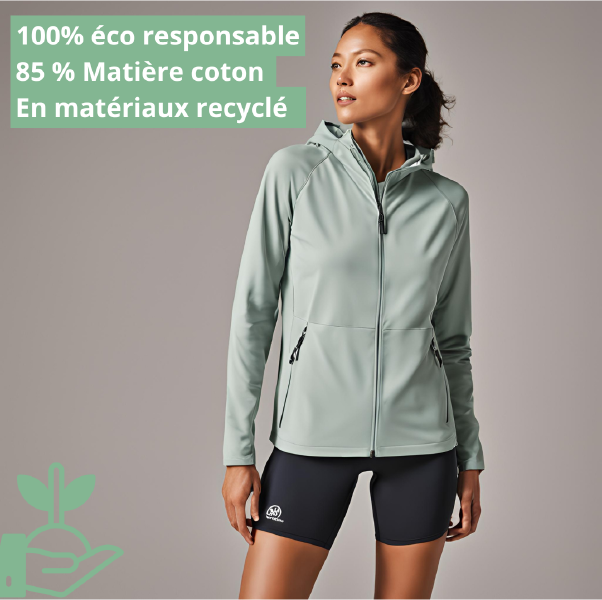 3eme slide du carrousel écologique avec 1 femme debout et un texte en haut à gauche "100% éco responsable 85% matière coton et en matériaux recyclé"