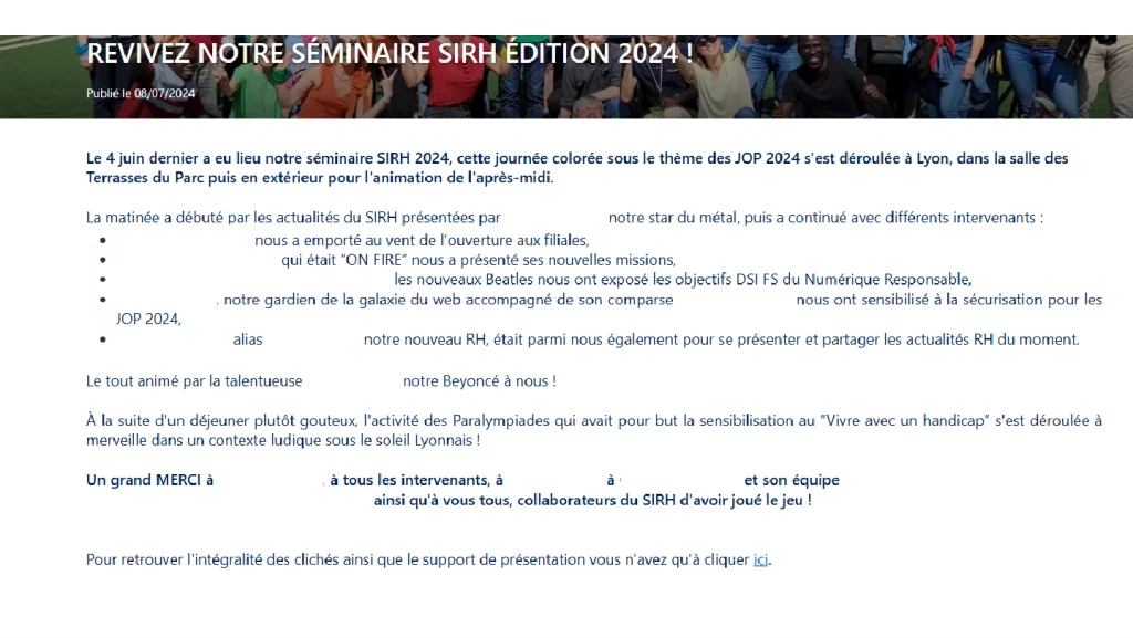 Actualité post - événement remerciant les personnes du services (noms floutés)