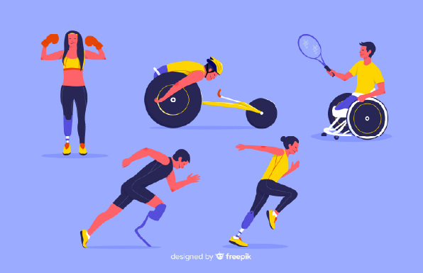 Dessin de personne sportive avec un handicap, une en fauteuil roulant, un avec une jambe en moins