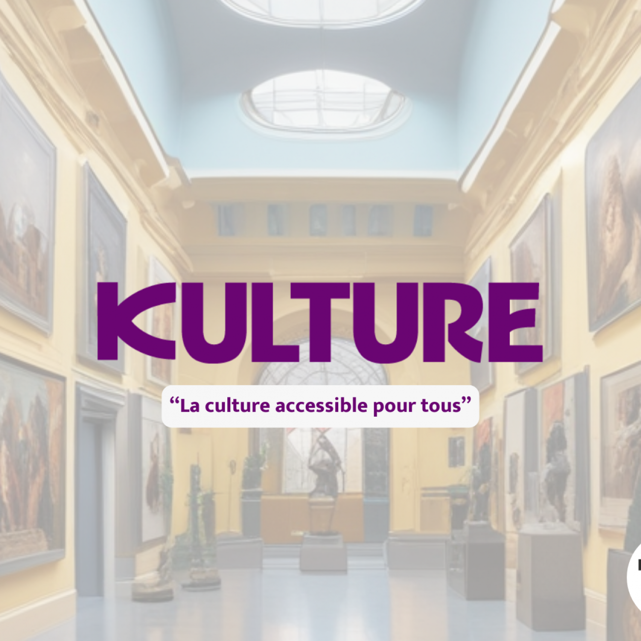 Page de présentation de l'entreprise que nous avons crée Kulture. Le fond est une image de musée avec une transparence