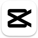 Logo de CapCut avec une croix et un trait en haut et en bas en noir sur un fond blanc