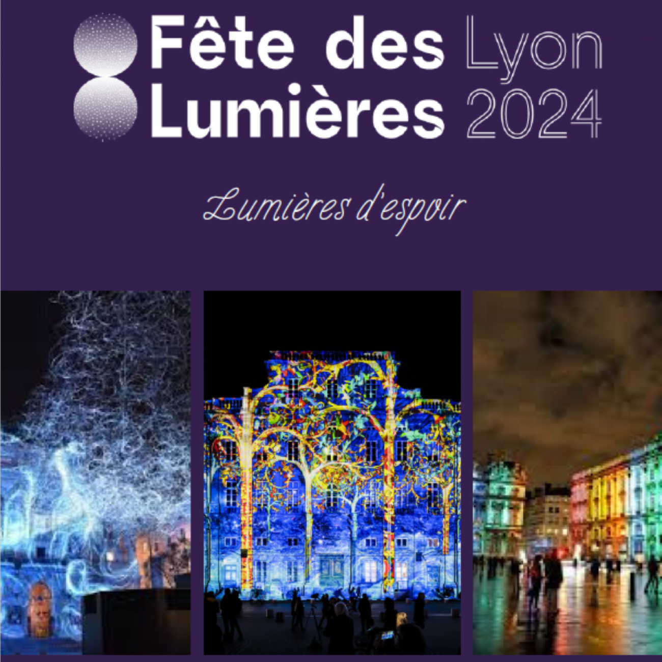 Page de présentation du projet sur la fête des lumières. Il y a un fond violet et quelques photos de lieu de Lyon