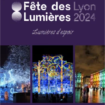 Page de présentation du projet sur la fête des lumières. Il y a un fond violet et quelques photos de lieu de Lyon