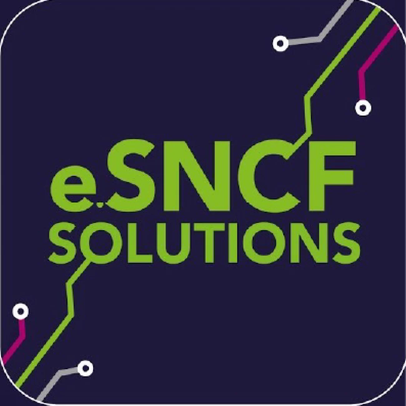 Logo d'une des branches de la SNCf e.SNCF SOLUTIONS écrit en vert plus au coin des branches de connections gris rose et verte avec un fond bleu